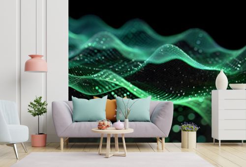 Visualization of wave particle, green and black technology background banner. Tech energy and information in motion. 