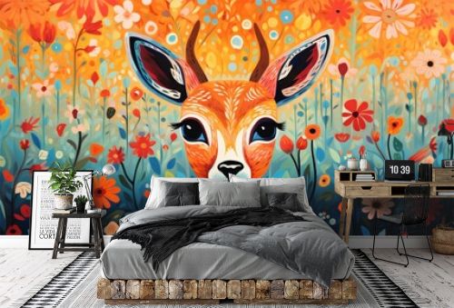 An artistic representation of a cartoon deer with abstract patterns, standing amid a field of blossoming flowers, creating a unique visual experience.