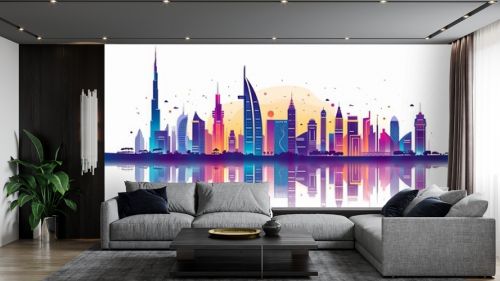 Dubai city skyline - towers and landmarks cityscape in liner style, vector 