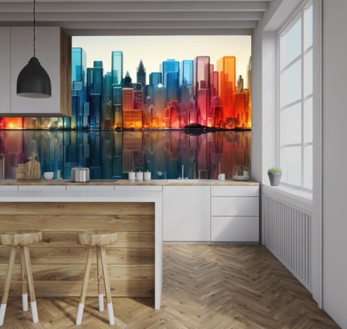 A colorful, reflective cityscape rendered in transparent crystal-like structures at sunset.