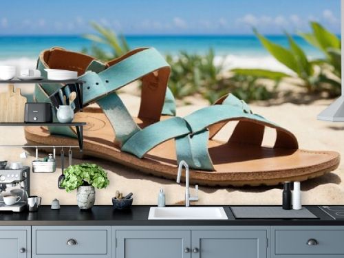 Eco-friendly sandals made from recycled materials, designed for a beach clean-up day Generative AI
