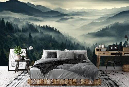 The mystique of a fog-covered fir forest unfolds against a mountain backdrop, creating a captivating and picturesque scene in the heart of nature's embrace.