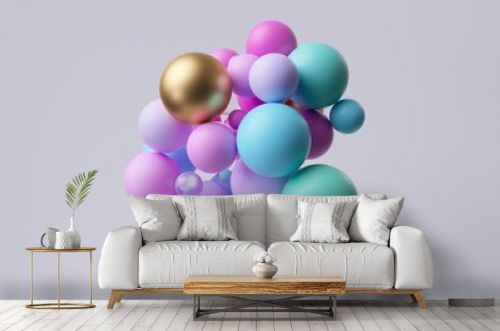 3d render, abstract modern geometric wallpaper. Pink blue and gold assorted balls. Lump made of chaotic multicolored particles stick together, isolated on white background