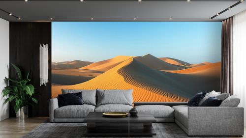 Photograph a serene desert landscape at sunrise, showcasing the play of light and shadows on the sand dunes
