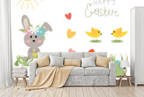 Web Cute Easter bunnies chicks spring flowers butterflies grass sun drawn text on a white background.