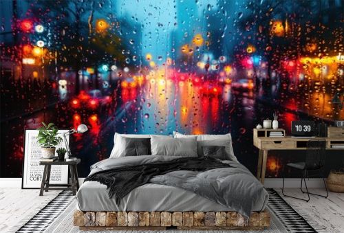 Rainy City Street Through Wet Glass