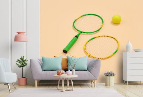 Green and yellow racket. A yellow tennis ball. Adventure sport.