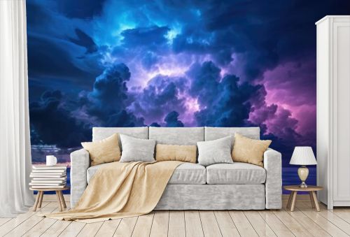 Experience the dramatic spectacle of storm clouds looming over the ocean, accompanied by electrifying lightning. Ai Generated.