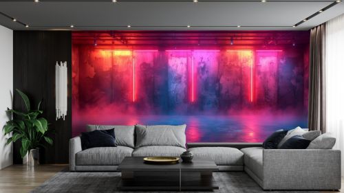 A vibrant art exhibit at night, where the contrasting red and blue lights dance upon magenta walls, creating a mesmerizing atmosphere