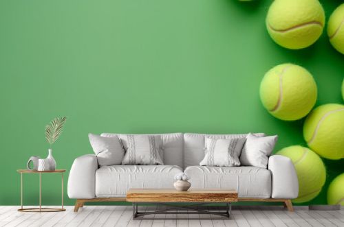 Tennis balls isolated on green background, sports equipment concept with copy space.