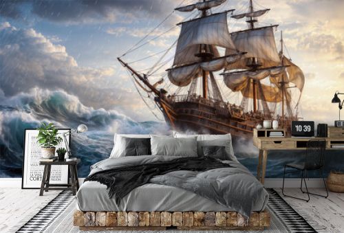  wooden ship in stormy sea, large waves and dark stormy clouds 