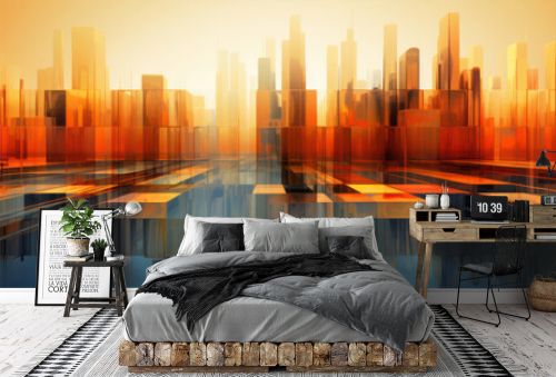 Urban Abstract: Modern Cityscape in Blue, Illustration of Futuristic Skyscraper Skyline against Sunset Reflection, Metropolis at Night