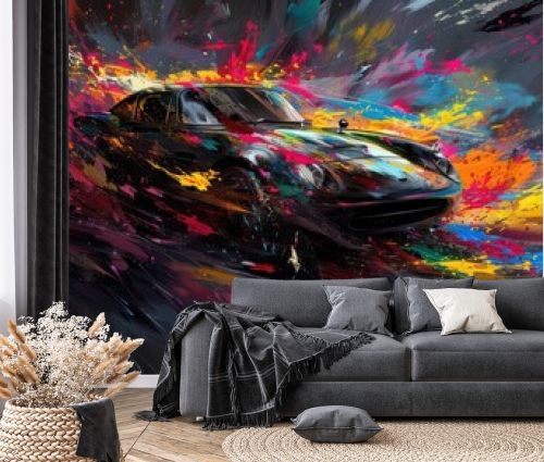 an abstract car in black paint, in the style of colorful explosions, bold color scheme, rich colors