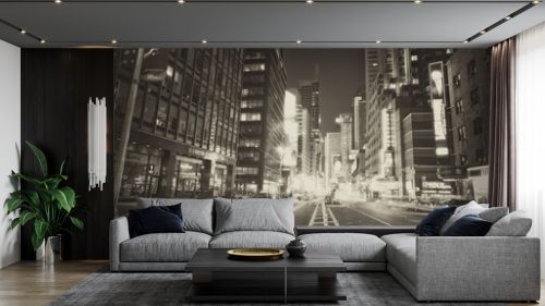 New York, city and downtown street or night adventure with buildings or black and white, dark or holiday. Road, urban and lights with cars or explore weekend or late outdoor vacation, evening or trip