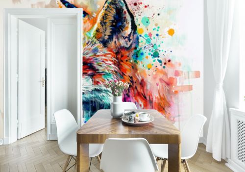 Vibrant watercolor painting of a fox face with splashes of bright colors, ideal for modern art decor.