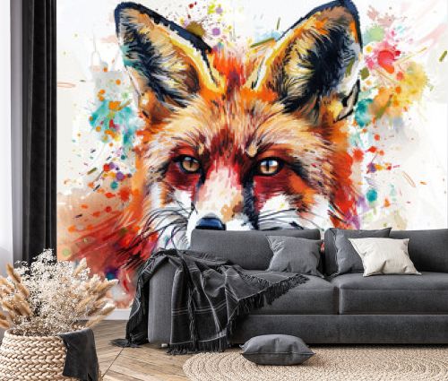 Vivid and expressive watercolor painting of a fox's face with splattered color accents. 