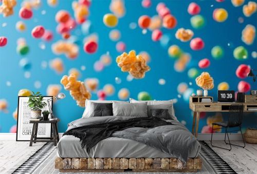 Colorful assortment of candies suspended in midair on a vibrant blue background, creating a whimsical and playful scene