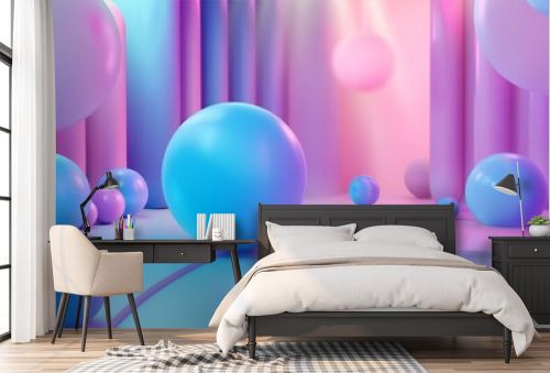 3D rendering. Pink and blue pastel colors. Futuristic background with balls. Abstract minimal scene.