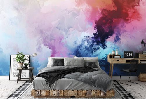 Abstract image depicting swirling clouds of colorful smoke in shades of blue pink and white against a multicolored background