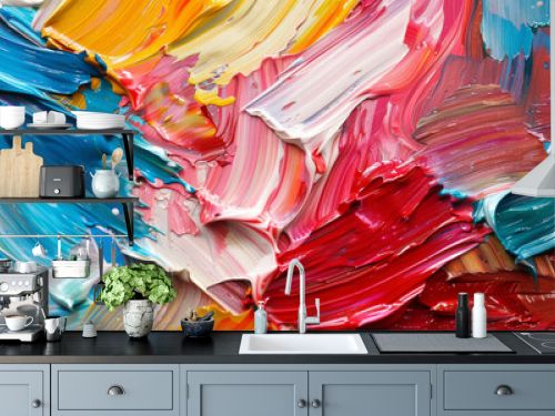 This image features dynamic, colorful strokes of oil paint that come together to form an engaging abstract piece