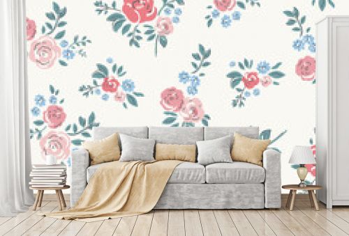 Delicate watercolor seamless pattern depicting pink, red and blue flowers on a light background.