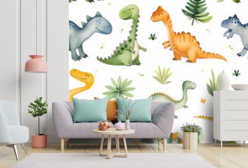 Charming Dinosaur Pattern: Playful Watercolor Dinosaurs and Foliage - Seamless Background for Kids' Decor and Apparel