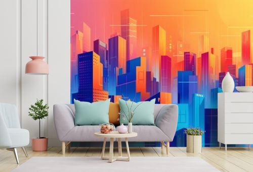 a colorful cityscape with orange and blue sky