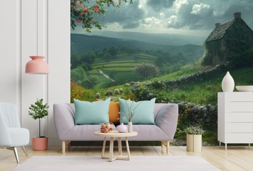 A serene countryside scene with a stone cottage, grazing sheep, lush green fields, and vibrant wildflowers.