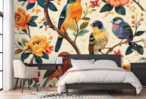 A seamless vintage inspired seamless pattern featuring detailed birds perched among colorful botanicals and fruit, ideal for decor and textiles.