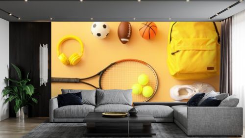 Tennis gear ready for action. Includes a tennis racket, tennis balls, a backpack, and headphones. Perfect for active lifestyles and sports enthusiasts. set-of-sport-equipment-on-color-background 