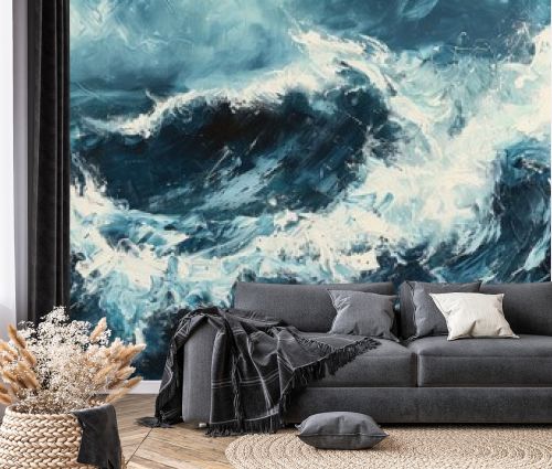 An abstract expressionist painting of a stormy sea, capturing the power and chaos of the waves in bold strokes.