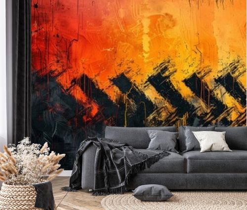 Sunburst with a dark twist: A mesmerizing abstract background explodes with a sunburst of vibrant orange and yellow hues. The fiery energy is contrasted by a dynamic, gritty black distressed texture