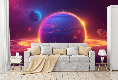 Bright colorful planet with glowing neon rings. Abstract solar system with planets and stars in orbit. Meteorites and comets. Space futuristic creative design.