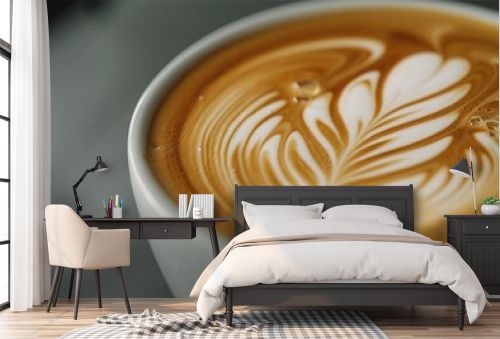 Close-up of a latte with intricate leaf-like art in foam.
