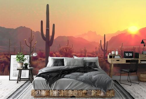 : A desert scene with towering cacti and a clear sunset