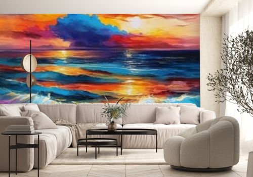 sunset over the sea in oil colors