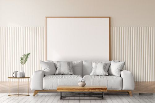 Square blank wood frame with minimal white flute wall cladding, Wood herringbone floor, 3d illustration.