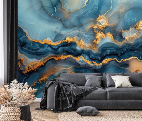 A mesmerizing marble pattern with deep blue and gold swirls, resembling an oceanic scene with golden sunlight filtering through the waves. Created with Ai