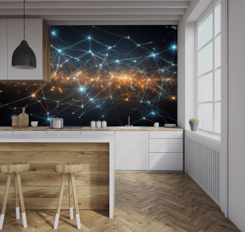 Complex network of illuminated nodes, connecting lines fills space, creating visual representation reminiscent of neural network, constellation of stars. Each node, glowing with intense light.