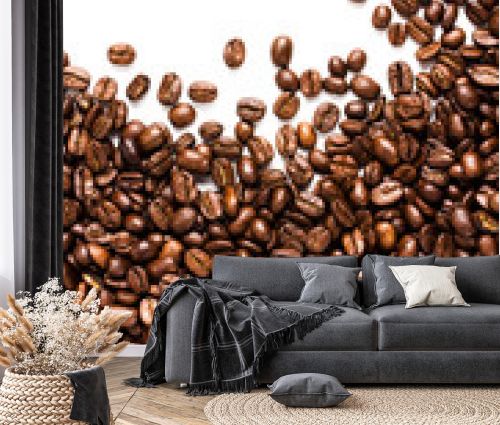 Roasted Coffee Beans background or texture with white copy spac
