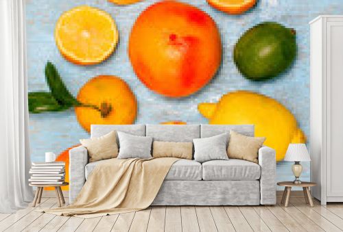 Citrus fruits - orange, lemon, lime, mandarin, grapefruit, top view