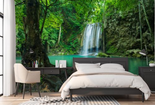 Green nature with beautiful waterfall, Erawan waterfall located Kanchanaburi, Thailand