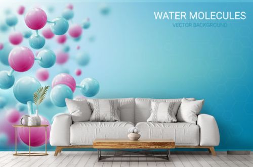 Molecules of water in motion. Luminous atoms. Blurred blue background. Chaotic particles. Vector illustration on a theme of medicine, science, technology. 