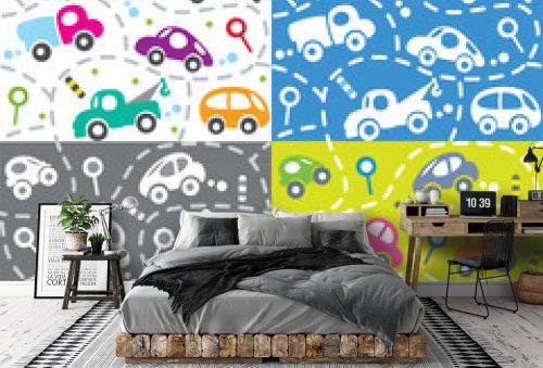 Cars on the road. Seamless kids pattern set.
