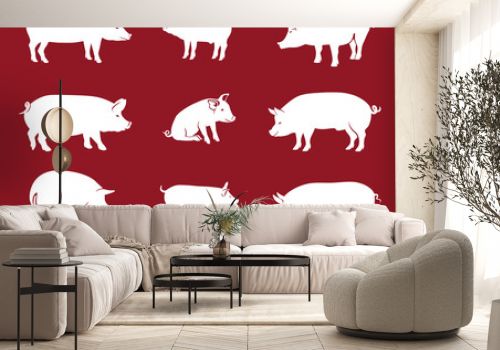 Pigs Red / Pork icon. Vector Image, pig silhouette, in Curl Tail pose, isolated on red background
