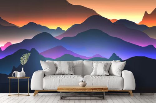 Sunset or Dawn Over the Mountains Landscape - Vector Illustration