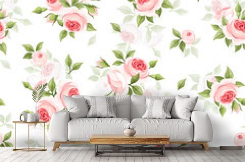 Vector seamless pattern with pink roses on a white background.