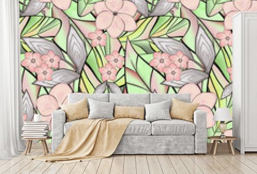 Seamless abstract floral pattern. Pink cute flowers, tropical leaves.
