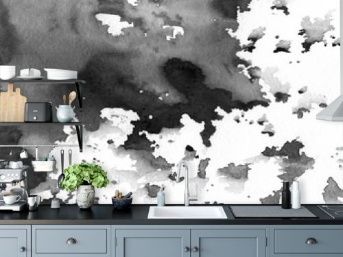 Black and white grey watercolor background of stains, spatters and splashes. Design artistic element for banner, print, template, cover, decoration
