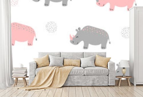 Seamless pattern with cute rhinoceros. Vector childish background for kids design.